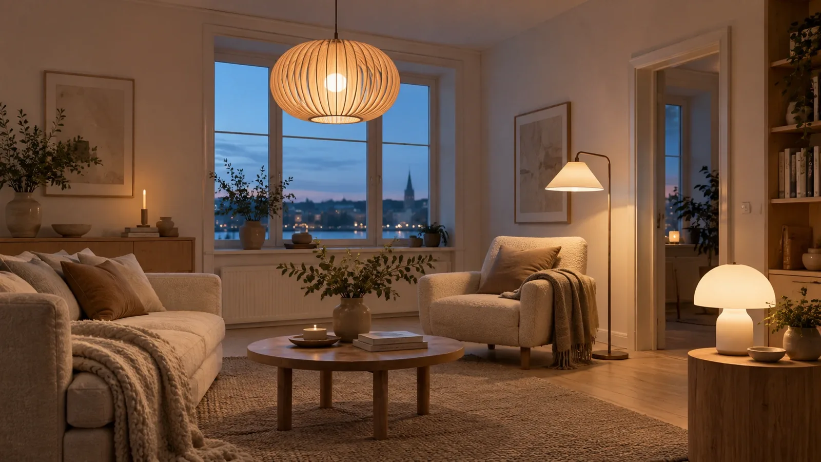 Vardagsrum i skymning med ljus på tre höjder: pendel i taket, golvlampa vid fåtöljen och en låg bordslampa