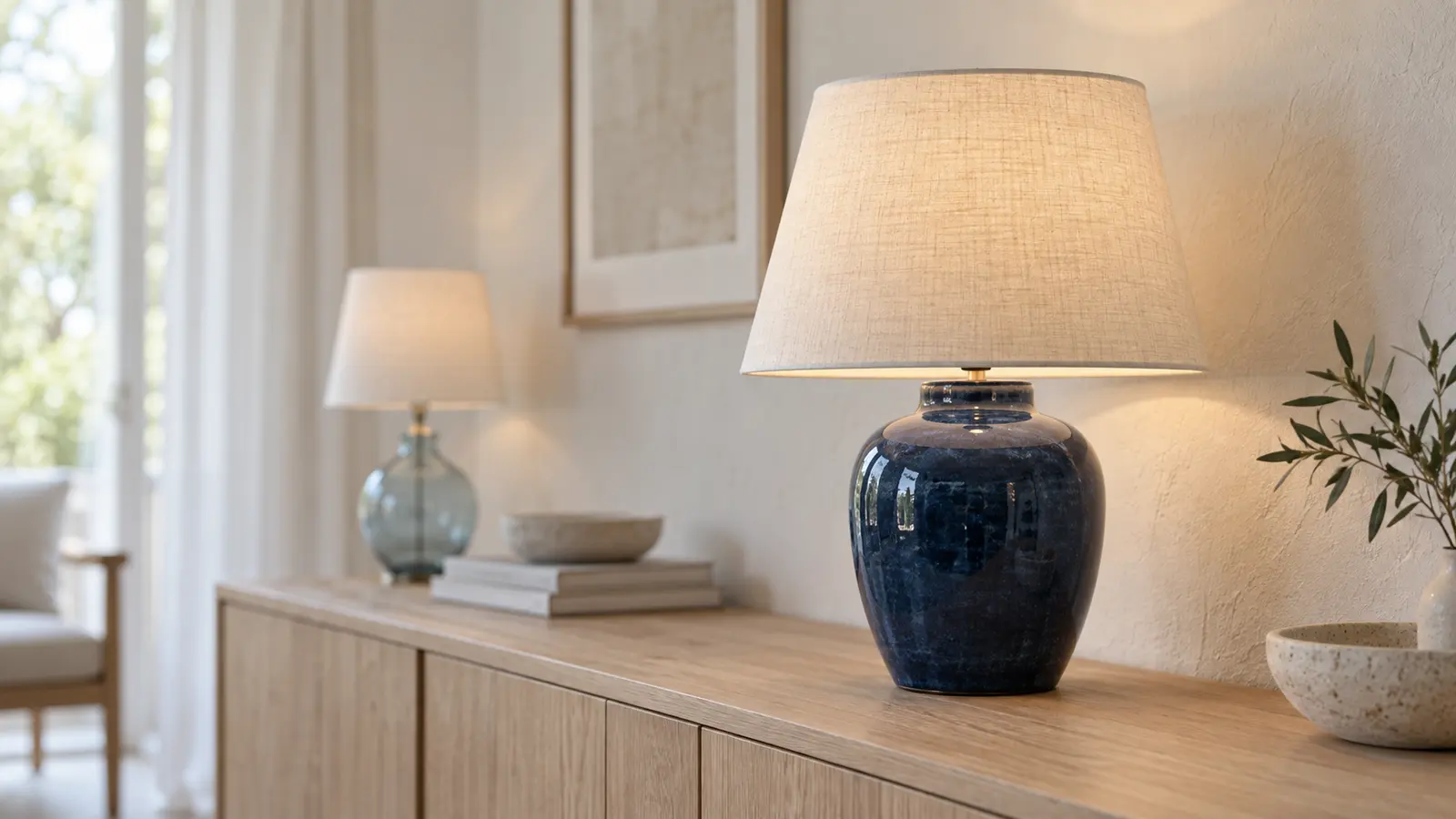 Bordslampa med mörkblå glaserad fot och ljus linneskärm på en ekbyrå, med en ljusblå glaslampa suddig i bakgrunden