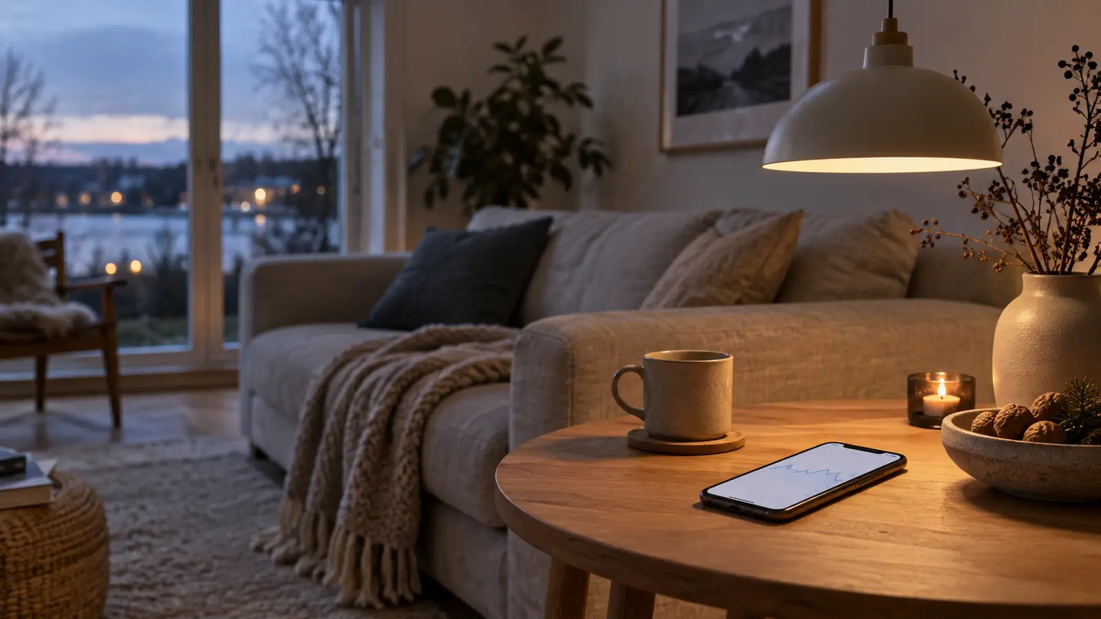 Vardagsrum i novemberskymning där en telefon på soffbordet visar en prishistorikgraf