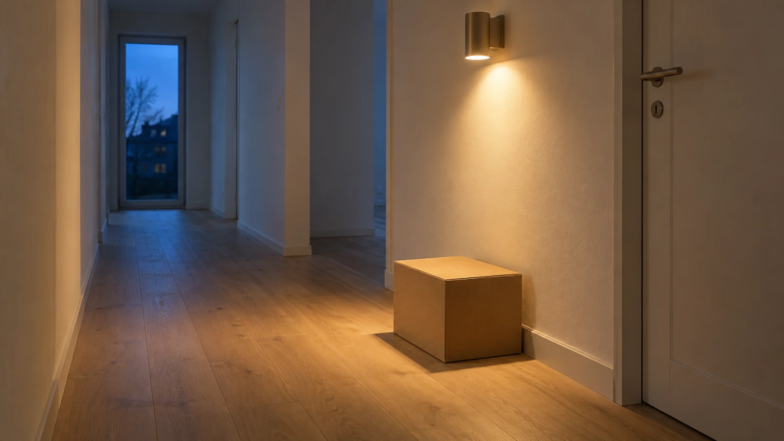 Hall i skymning upplyst av en enda varm vägglampa, med ett oöppnat paket på golvet