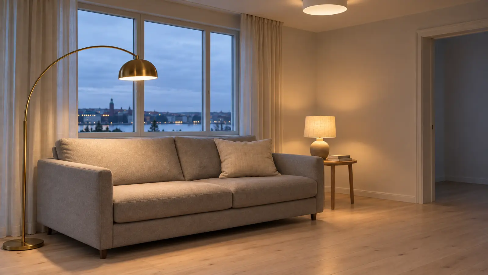 Vardagsrum i skymning med bågad golvlampa i mässing, bordslampa på sidobord och plafond i taket
