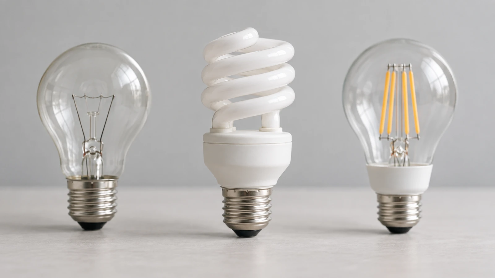 Tre ljuskällor i rad på ett ljust skrivbord: glödlampa, lågenergilampa och LED med synliga glödtrådar