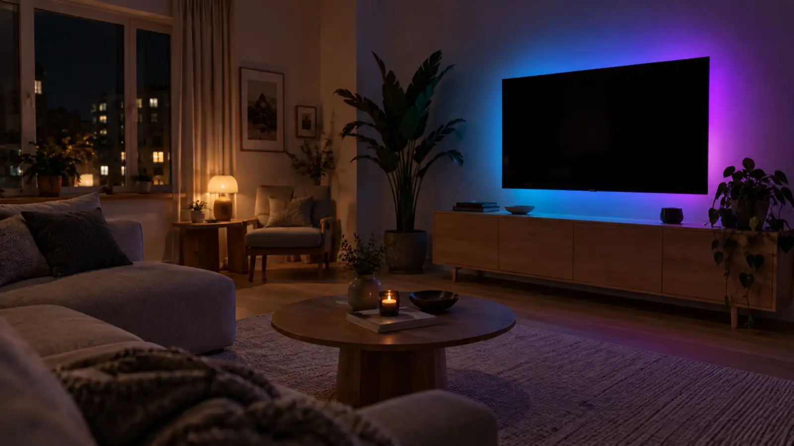 RGB-list bakom en tv som färgar väggen i mjukt ljus