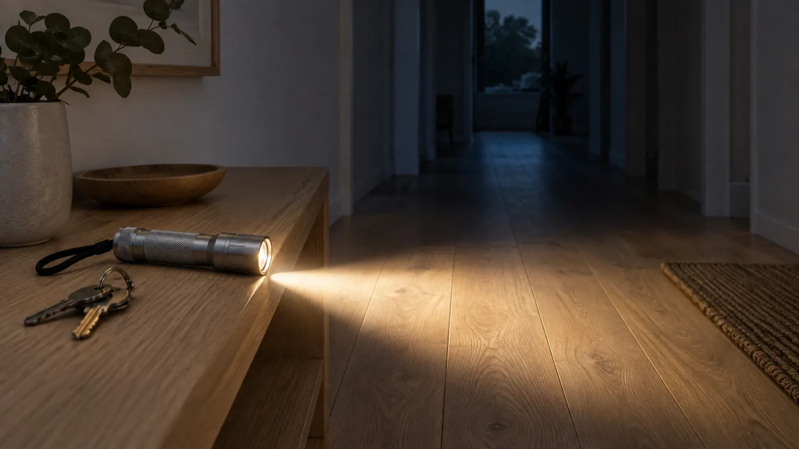 LED-ficklampa på en hallhylla med strålen riktad in i en mörk korridor