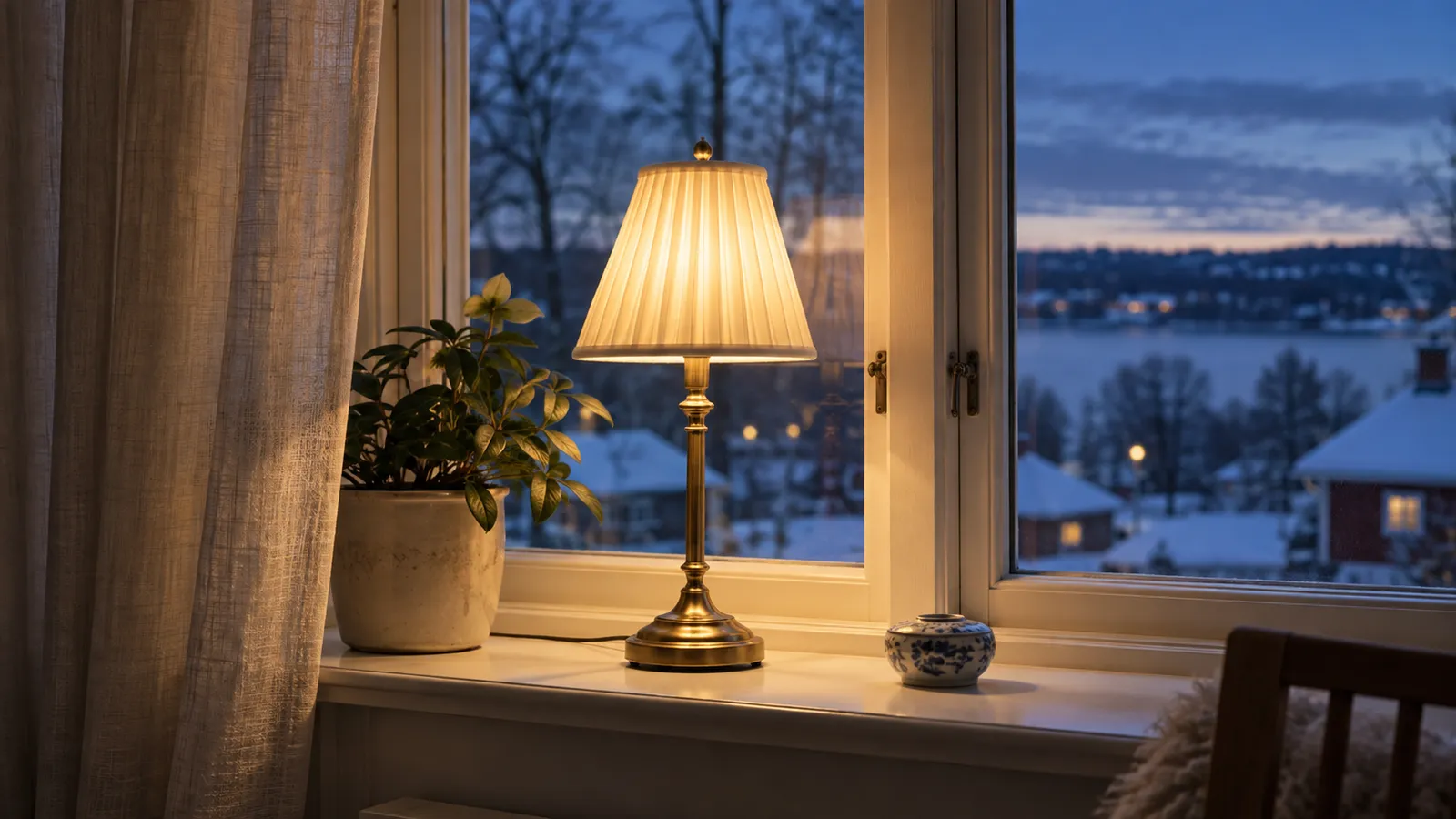 Fönsterlampa som lyser varmt i ett fönster i skymning