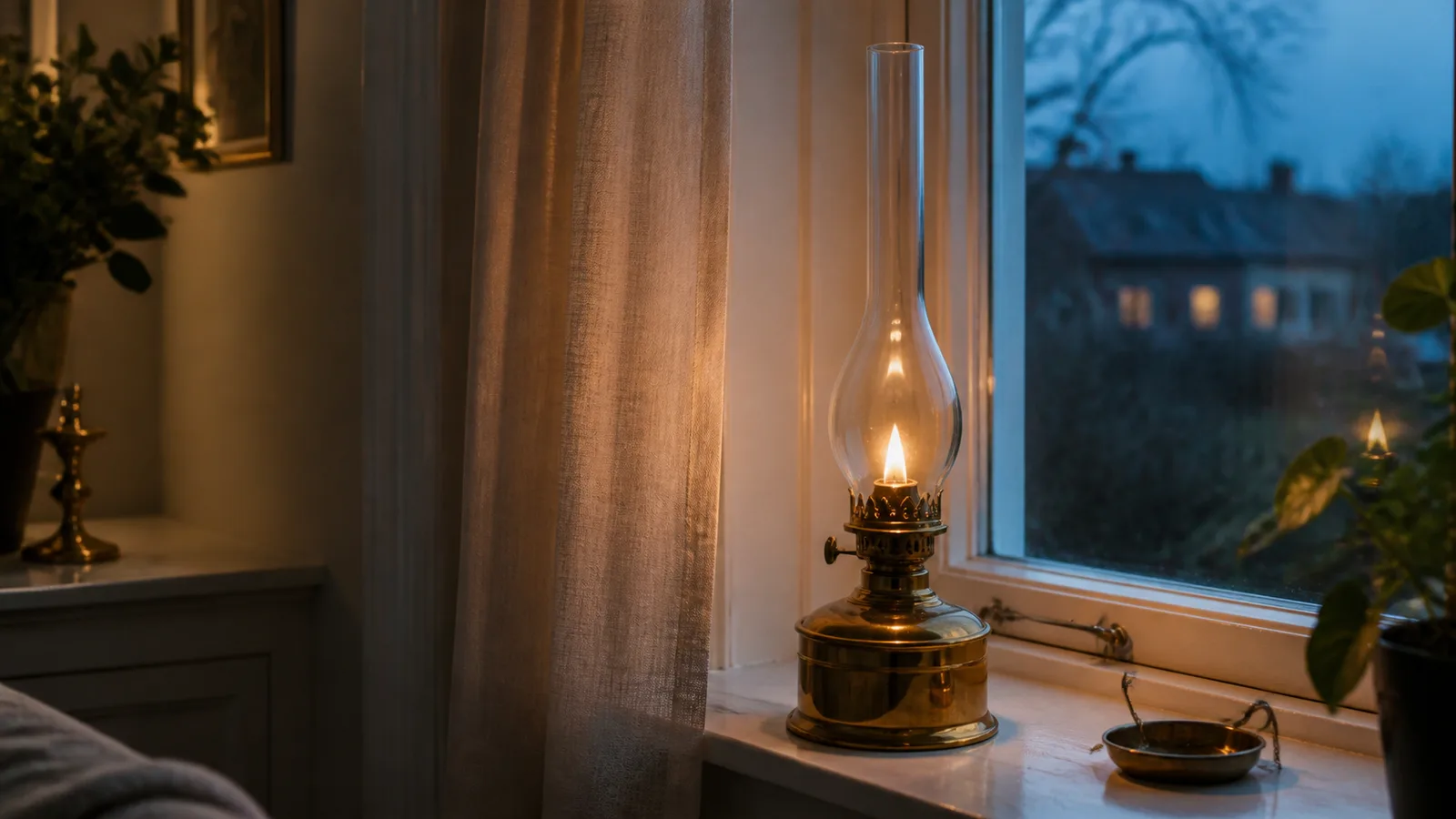 Tänd fotogenlampa med hög glaskupa på ett fönsterbräde i skymningsljus