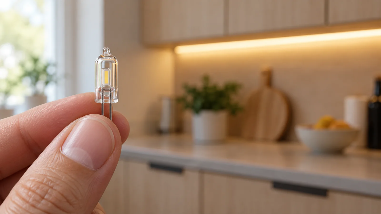 Liten G4-kapsel med två stift hålls mellan fingrarna framför varm skåpbelysning i ett kök