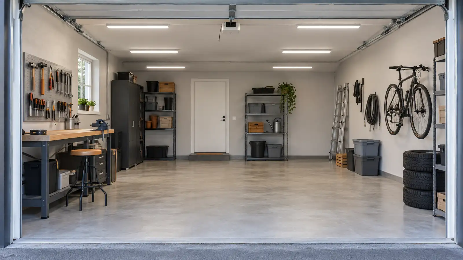 Garage med jämnt ljus från takarmaturer över arbetsbänk och verktyg