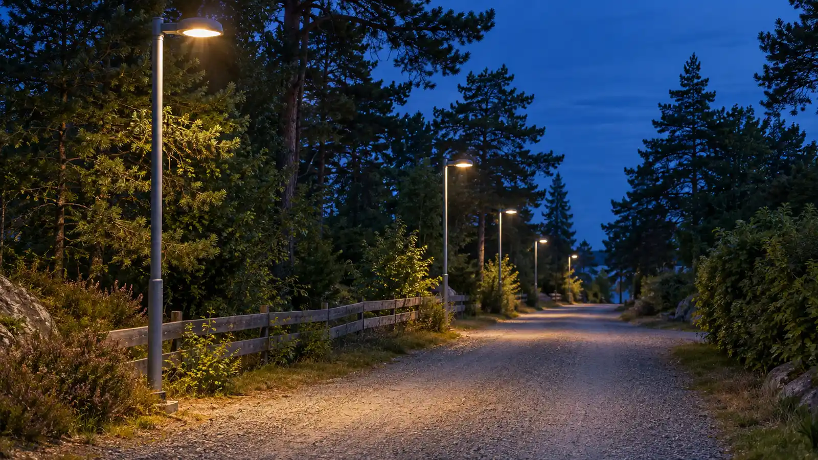 Rad av moderna grå stolpar med gatubelysning längs en lugn grusväg i skymning, med tallar i kanten