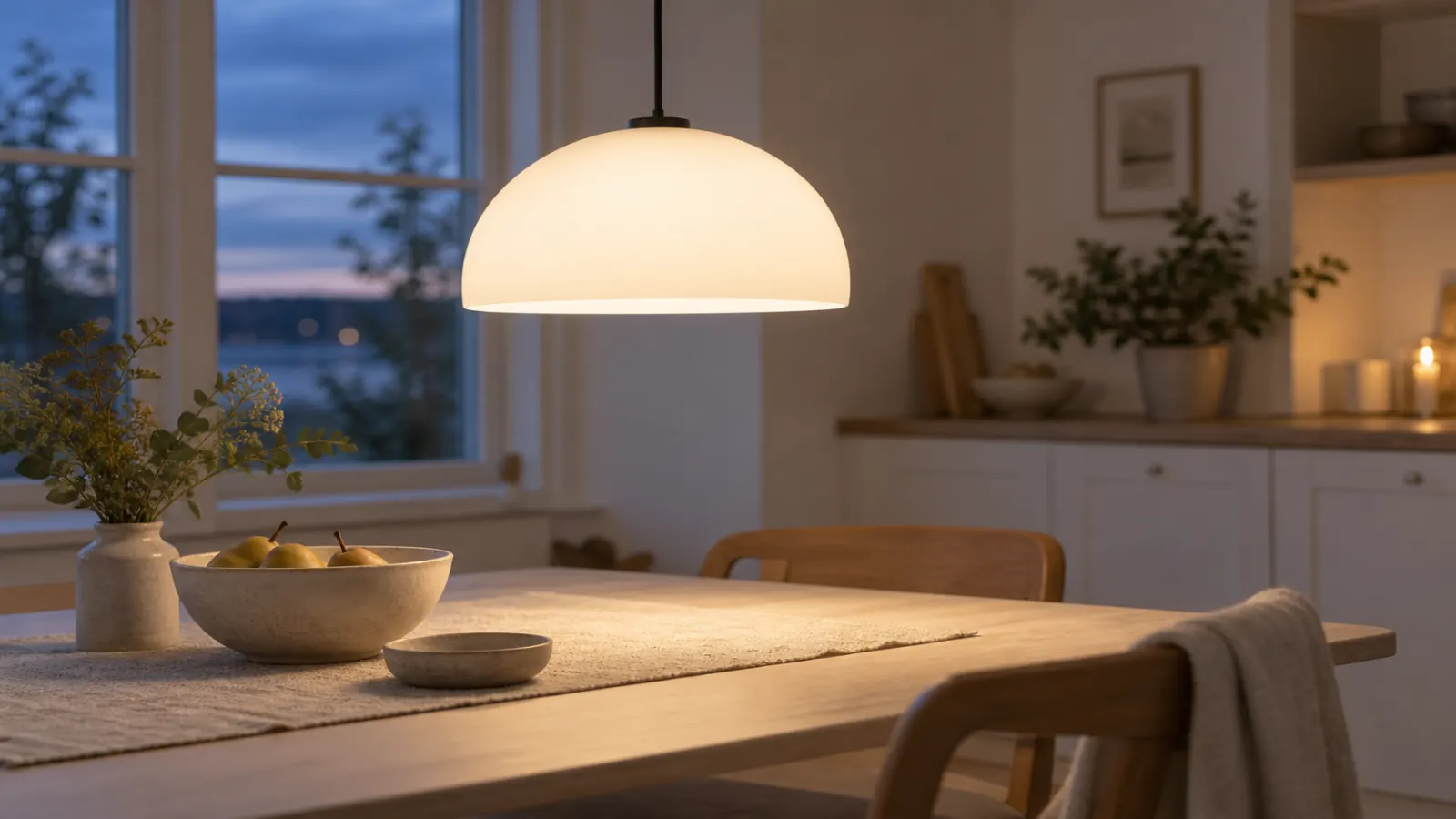 Opalvit glaskupa som hänger lågt över ett träbord och lyser varmt i skymningen