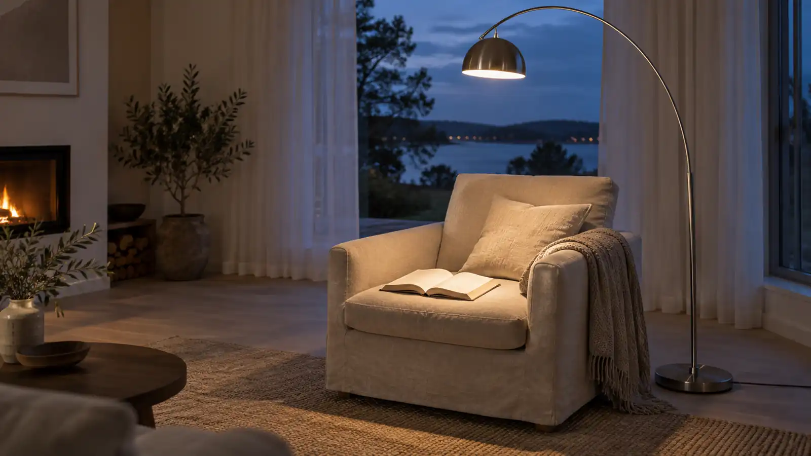 Båggolvlampa som lyser över en fåtölj i en läshörna