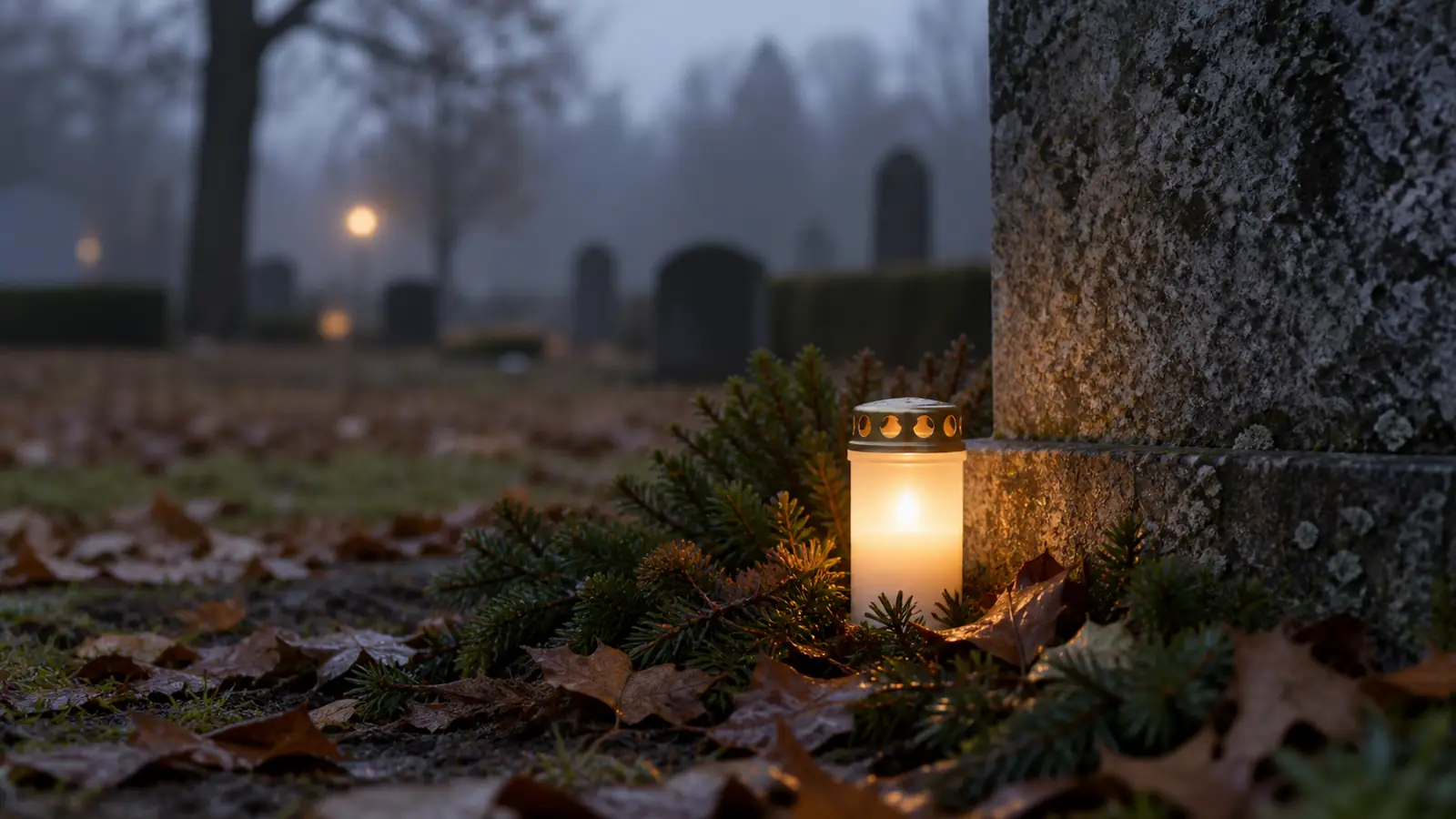 Vitt LED-gravljus som lyser varmt i höstmörkret vid en gravsten