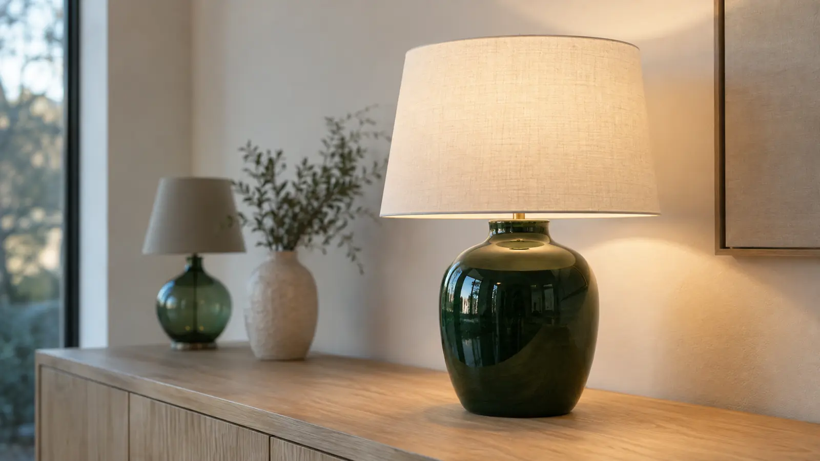 Bordslampa med djupgrön glaserad fot och vit linneskärm på en ekbyrå
