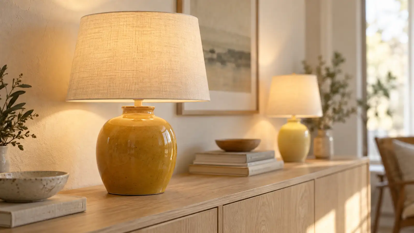 Bordslampa med senapsgul glaserad fot och ljus linneskärm på en ekbyrå i eftermiddagsljus