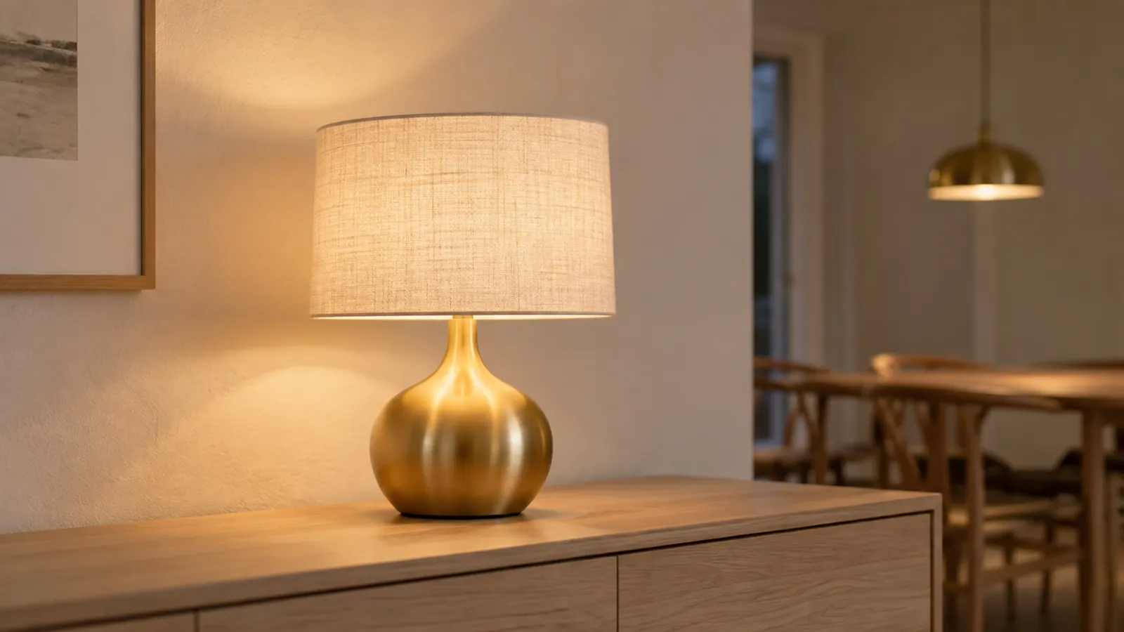 Bordslampa med guldfärgad fot och ljus linneskärm på en ekbyrå i kvällsljus