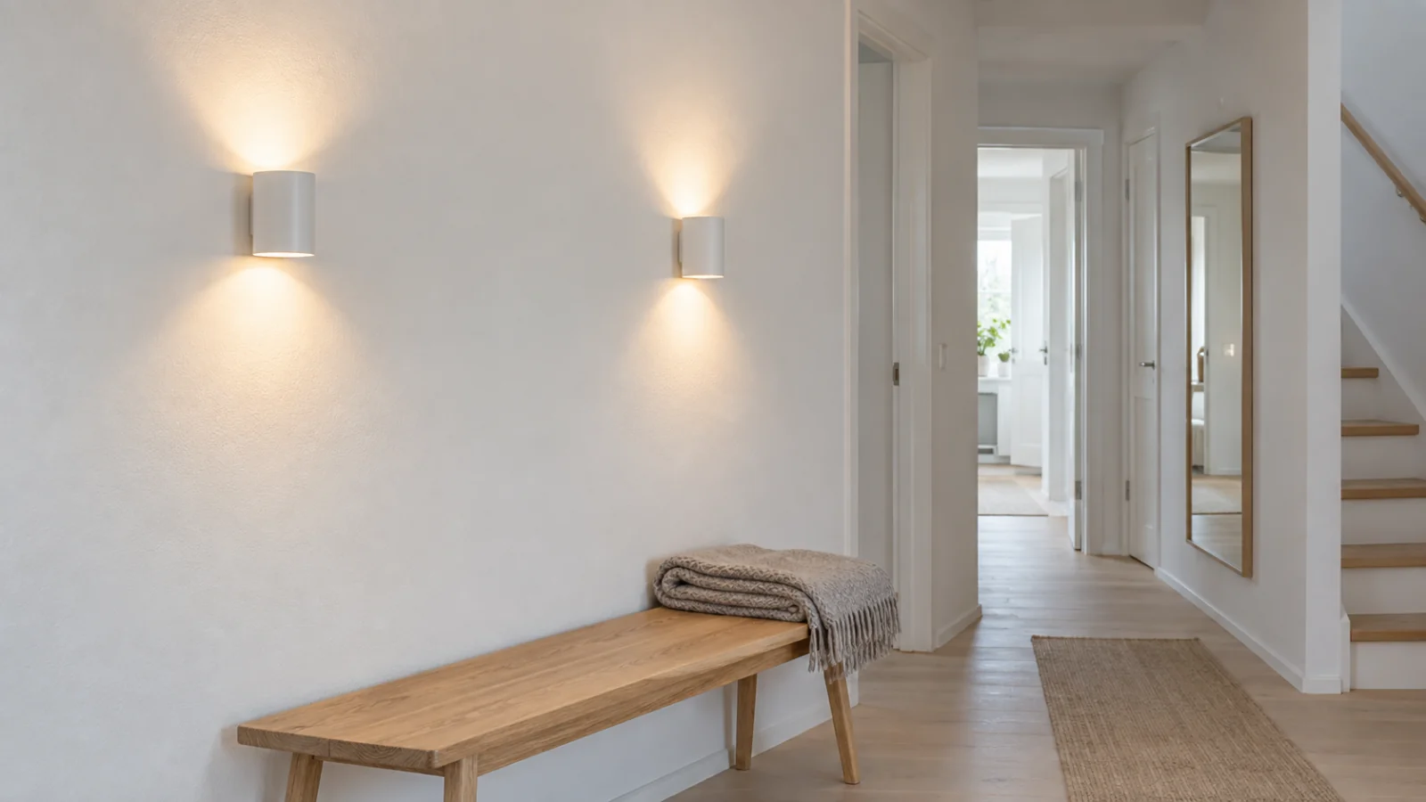 Ljus hall med två matta vita vägglampor som ger symmetriskt upp- och nedljus över en ekbänk