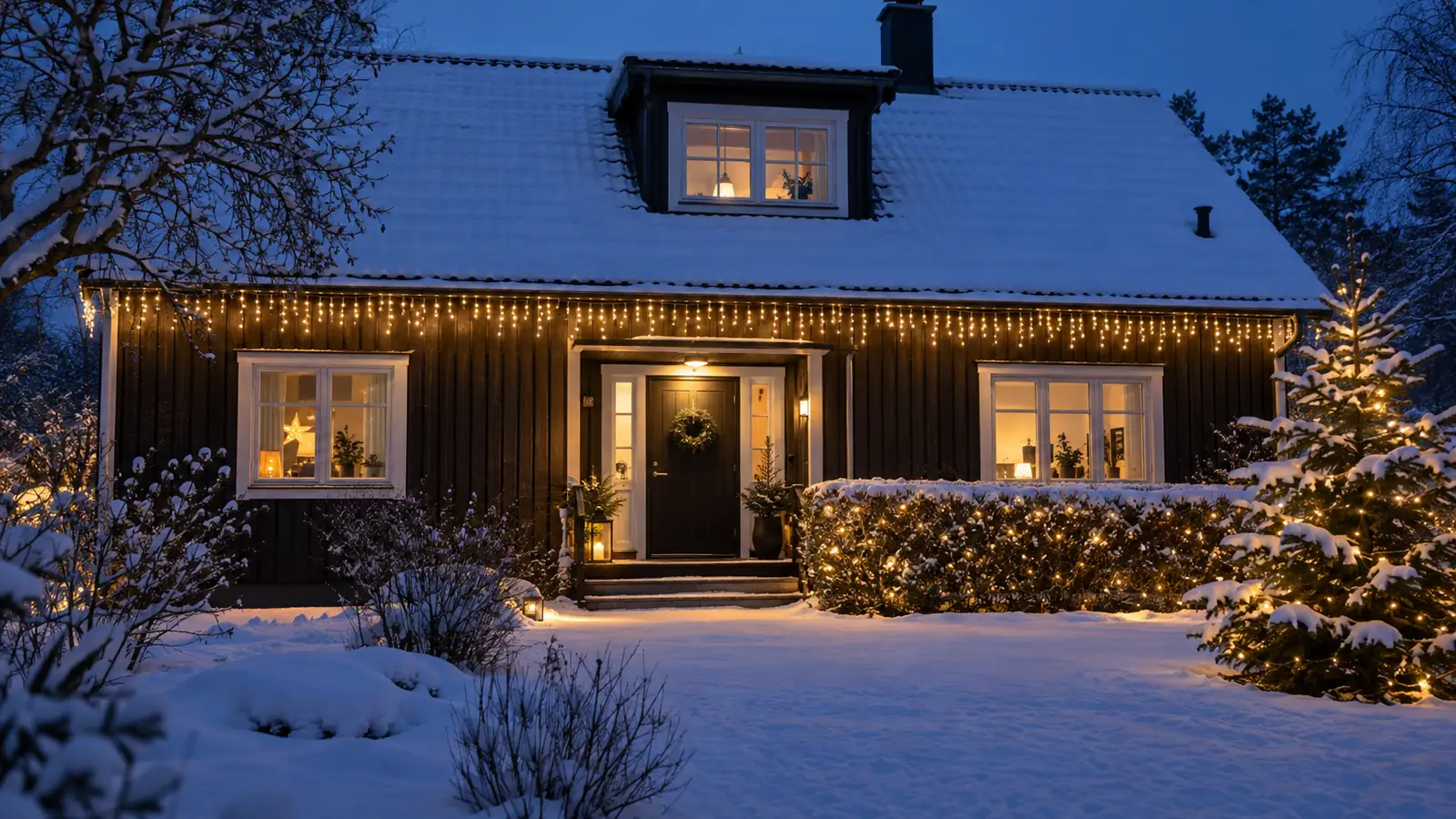 Trähusfasad en snöig decemberkväll med varmvita istappar längs takfoten och ljusnät över en häck
