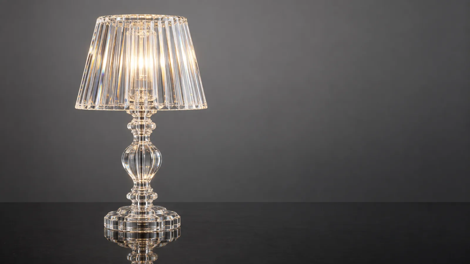Bordslampa helt i genomskinlig akryl med svarvad fot och veckad skärm, tänd mot grå bakgrund