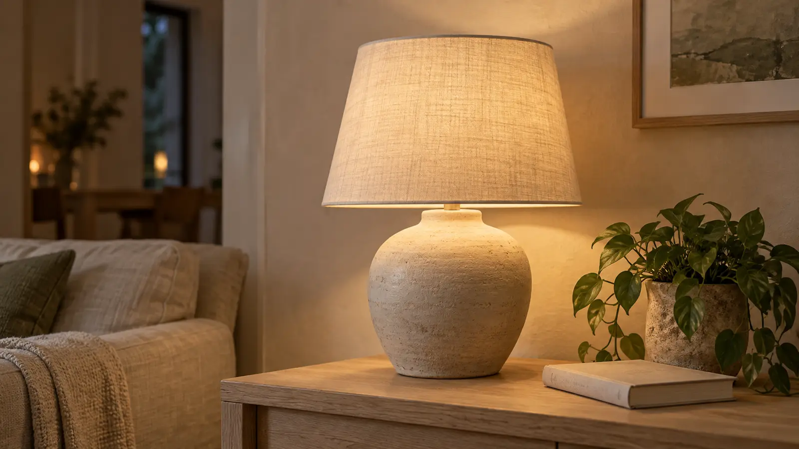 Bordslampa med matt glaserad keramikfot och linneskärm på ett ljust sidobord