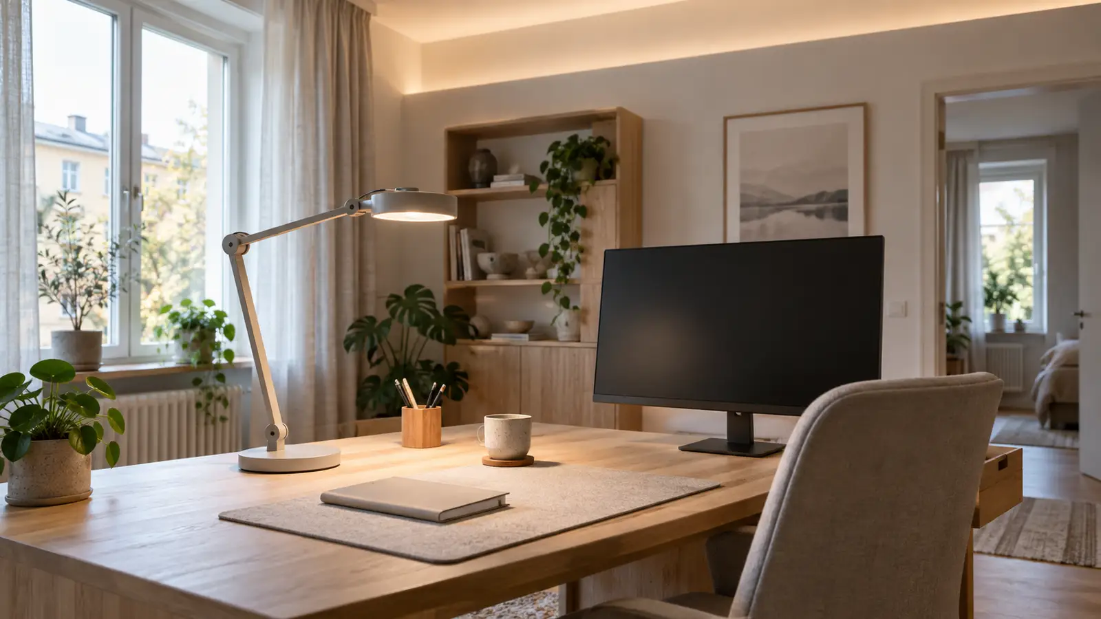 Hemmakontor med bländfri skrivbordslampa och indirekt takljus