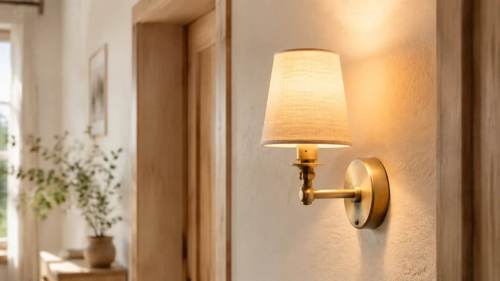 Vägglampa med liten tygskärm som lyser varmt mot en off-white vägg