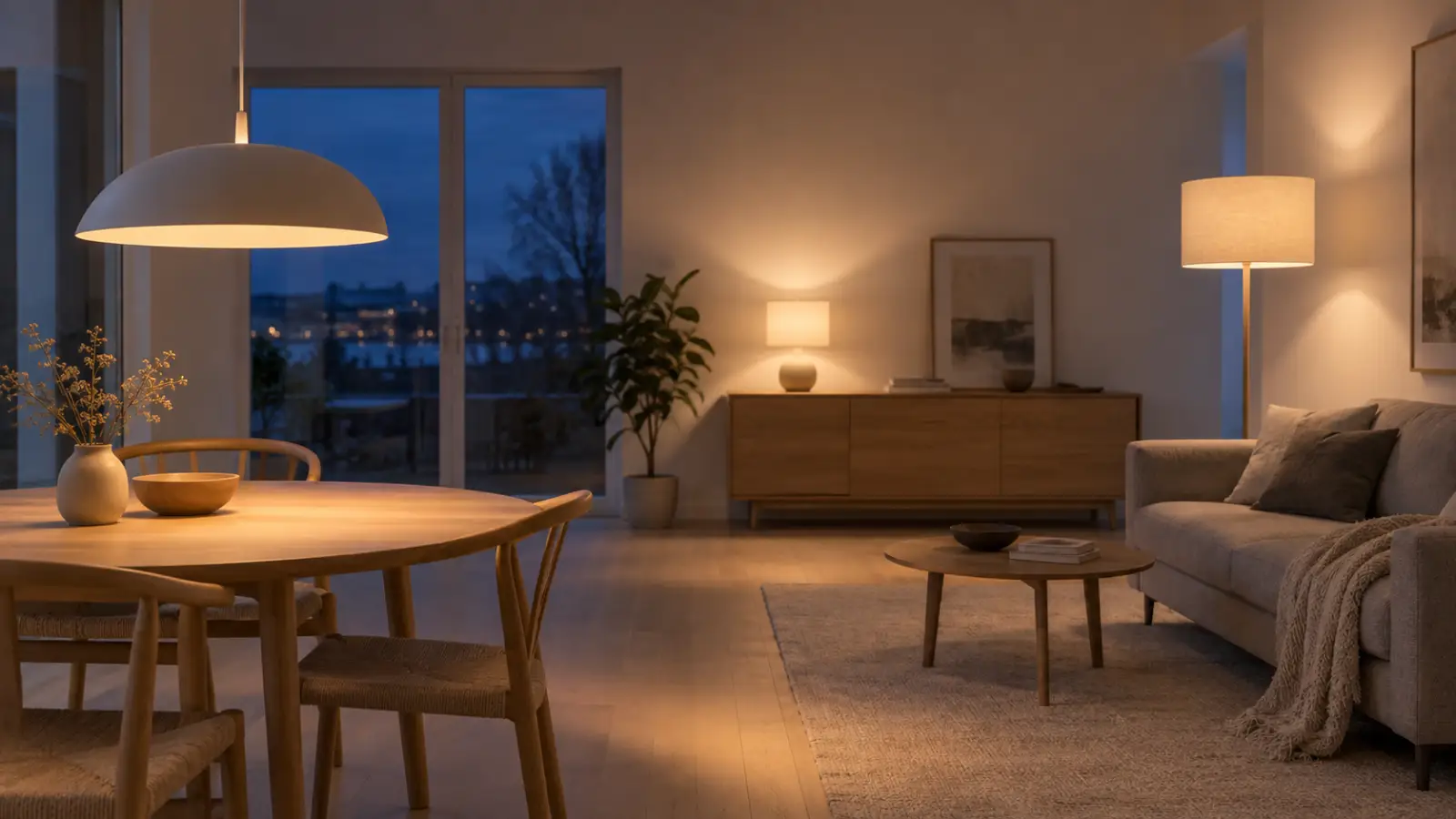 Vardagsrum i skymning med pendel över matbordet, bordslampa på sideboarden och golvlampa vid soffan — tre ljuspunkter på tre höjder