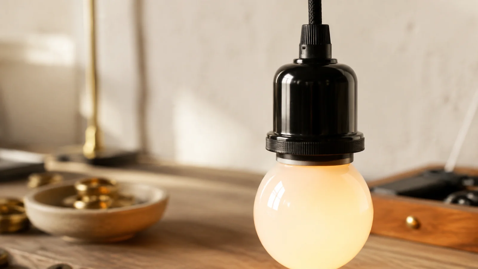Närbild på en svart lamphållare i bakelit med en varmvit opal LED-lampa iskruvad