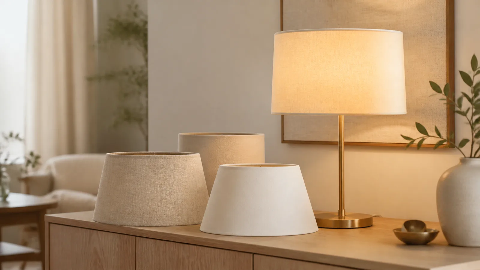 Flera lampskärmar i linne och off-white på en ekbyrå, en av dem monterad på en tänd bordslampa