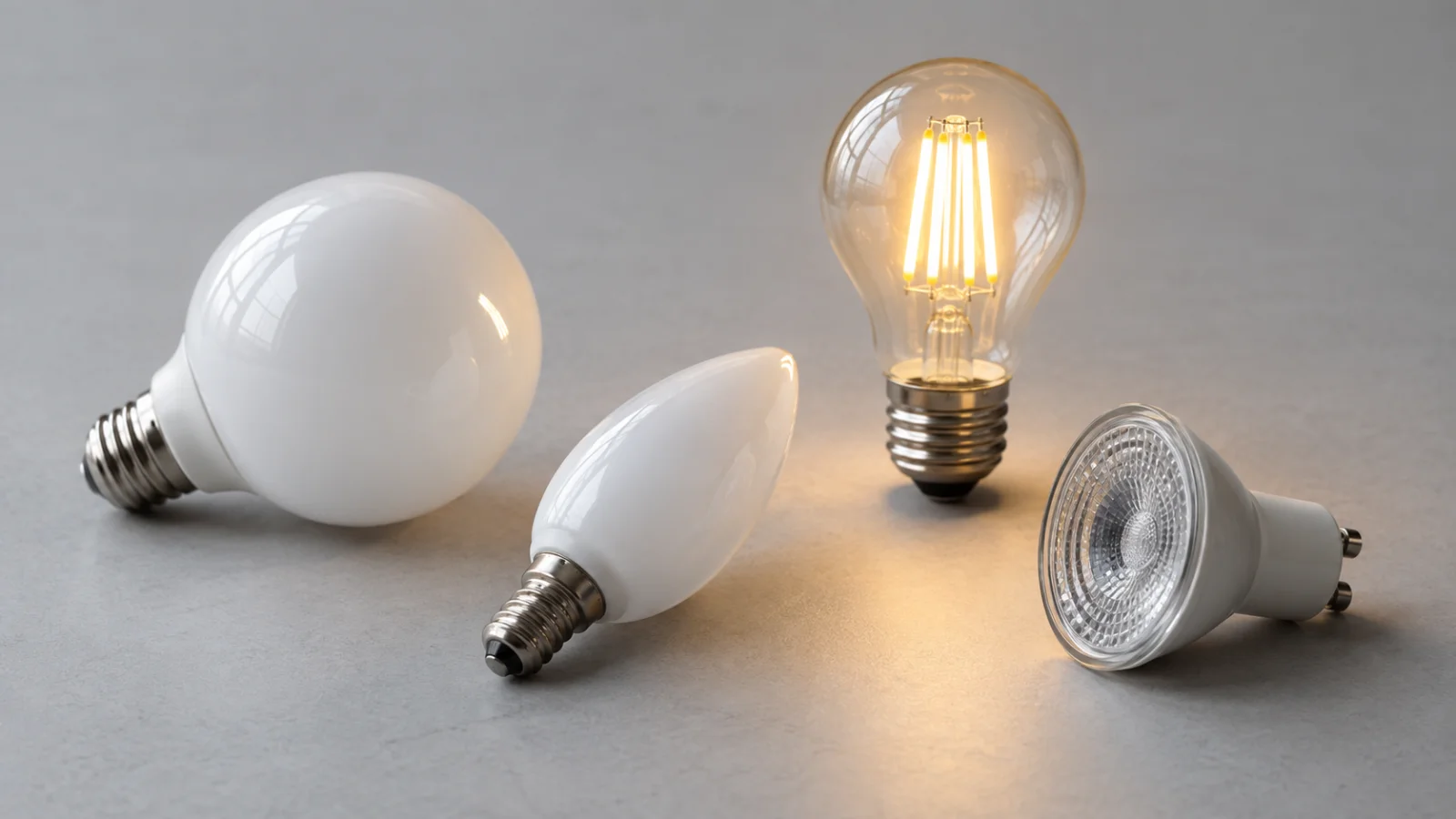 LED-lampor i olika former på ljus yta, en av dem tänd