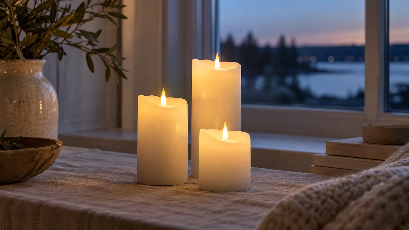 Tre vita LED-blockljus i olika höjd som lyser varmt i ett fönster i blå timmen