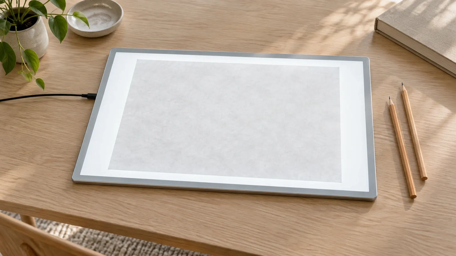 Tunn LED-ljusplatta på ett skrivbord med kalkerpapper ovanpå