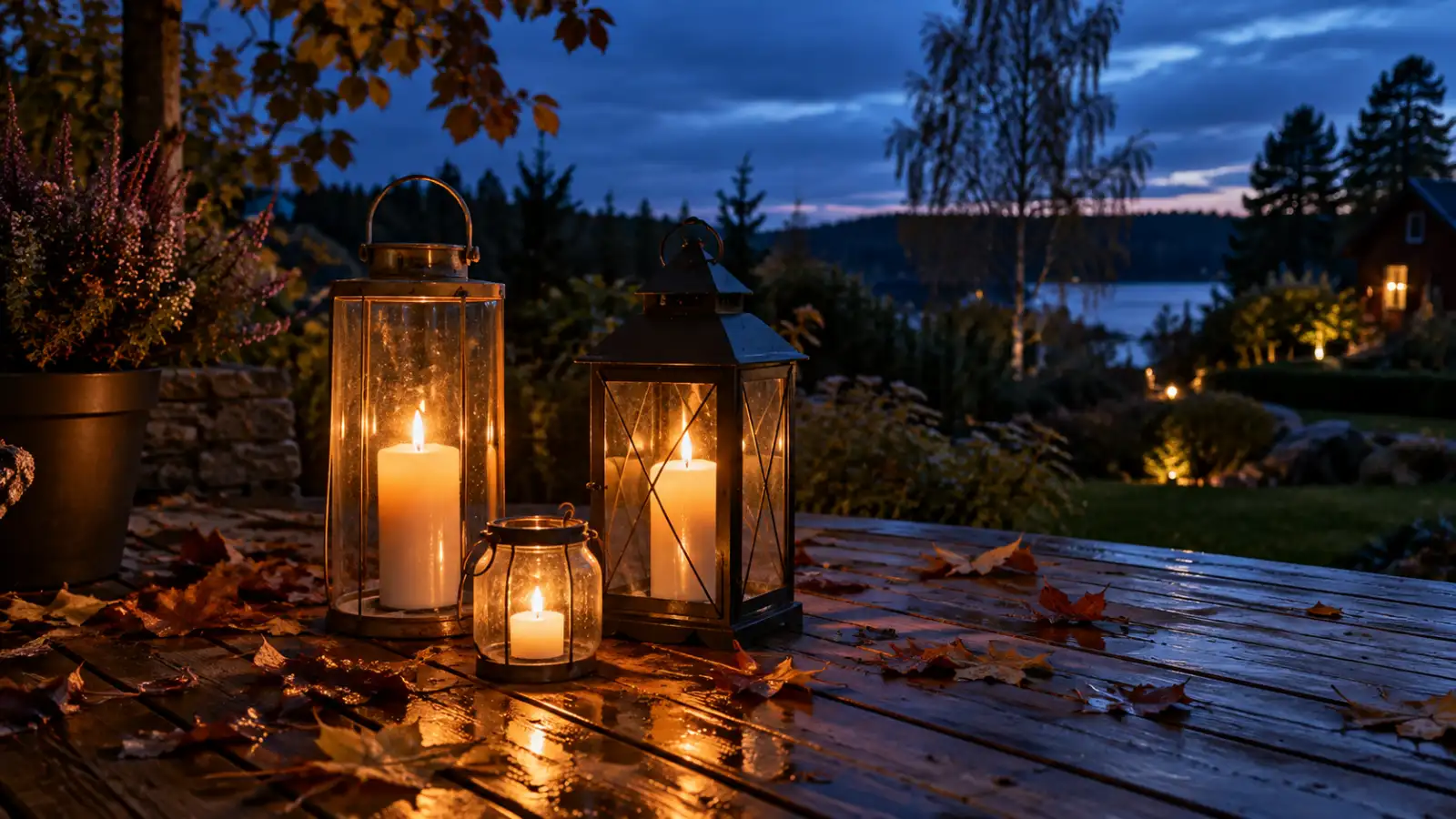Ljuslyktor i glas och metall som lyser varmt på en altan i skymning