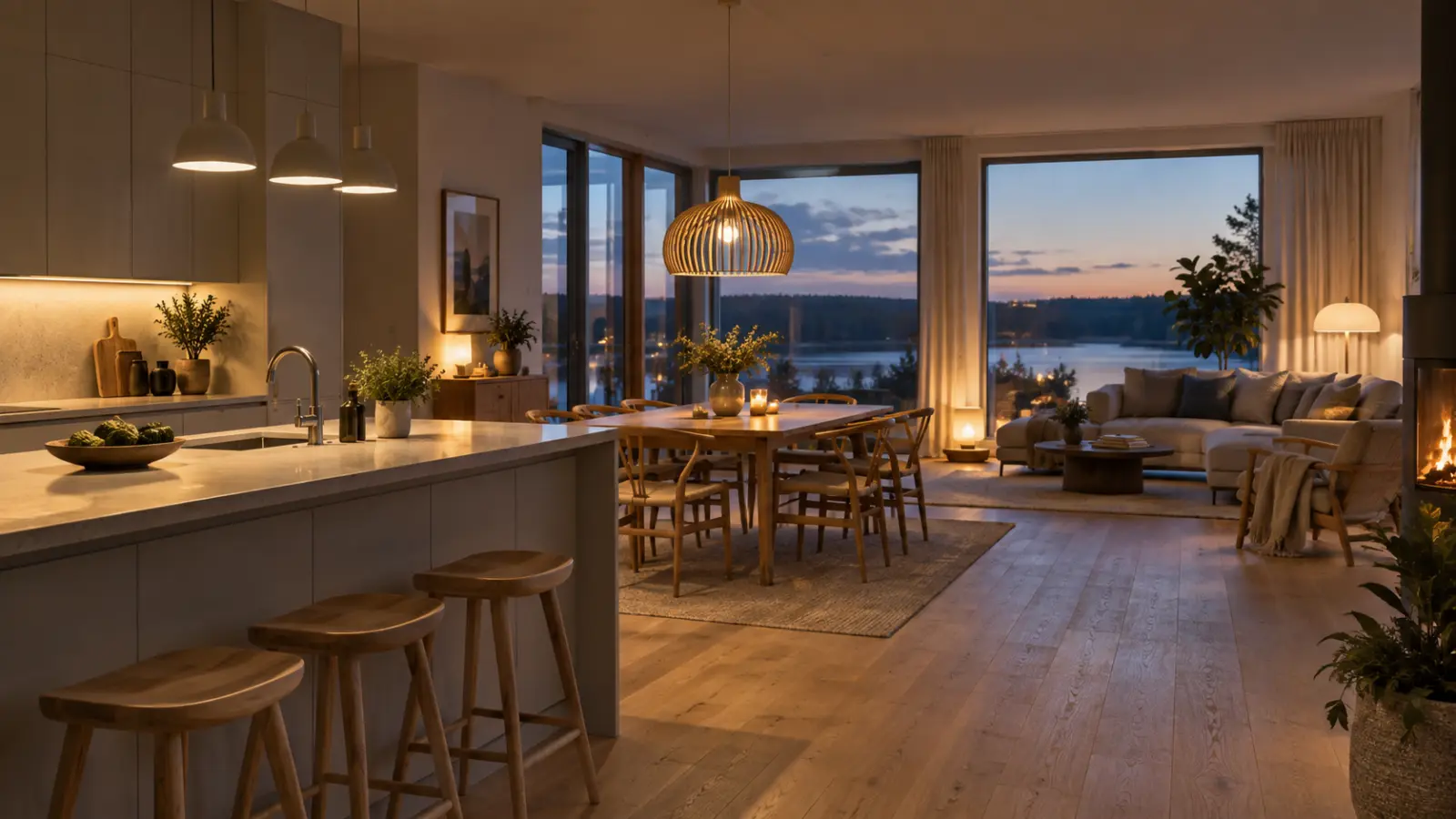 Öppen planlösning i skymning där kök, matplats och vardagsrum är olika ljussatta