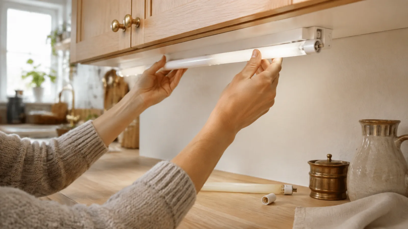 Lysrörsarmatur under ett köksskåp där röret byts mot ett LED-rör