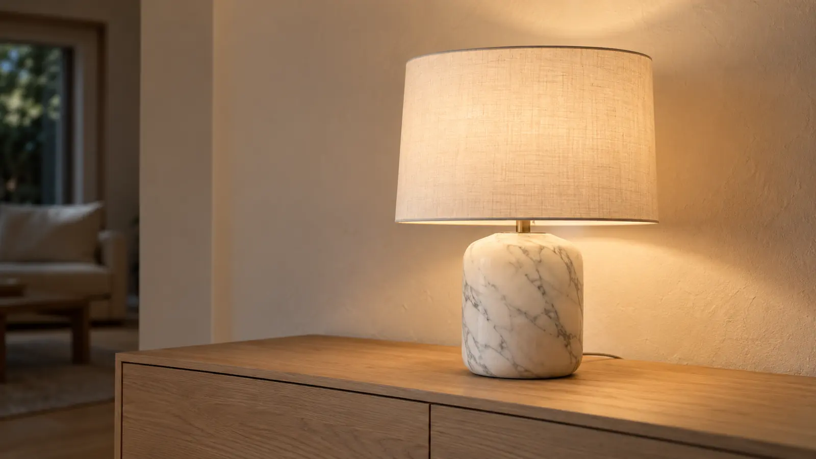 Bordslampa med vit marmorfot och tydlig grå ådring, med linneskärm, på en ekbyrå