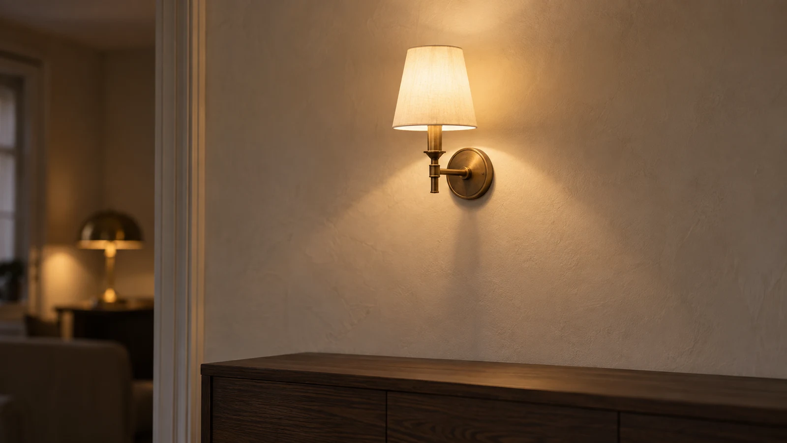 Vägglampa i varm mässing med ljus tygskärm mot en ljus puts, med mässingens reflex synlig på väggen