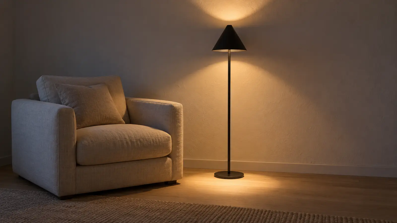 Golvlampa i mattsvart stål vid en linnefåtölj, med en skarp ljuspöl på golvet och en kon mot väggen