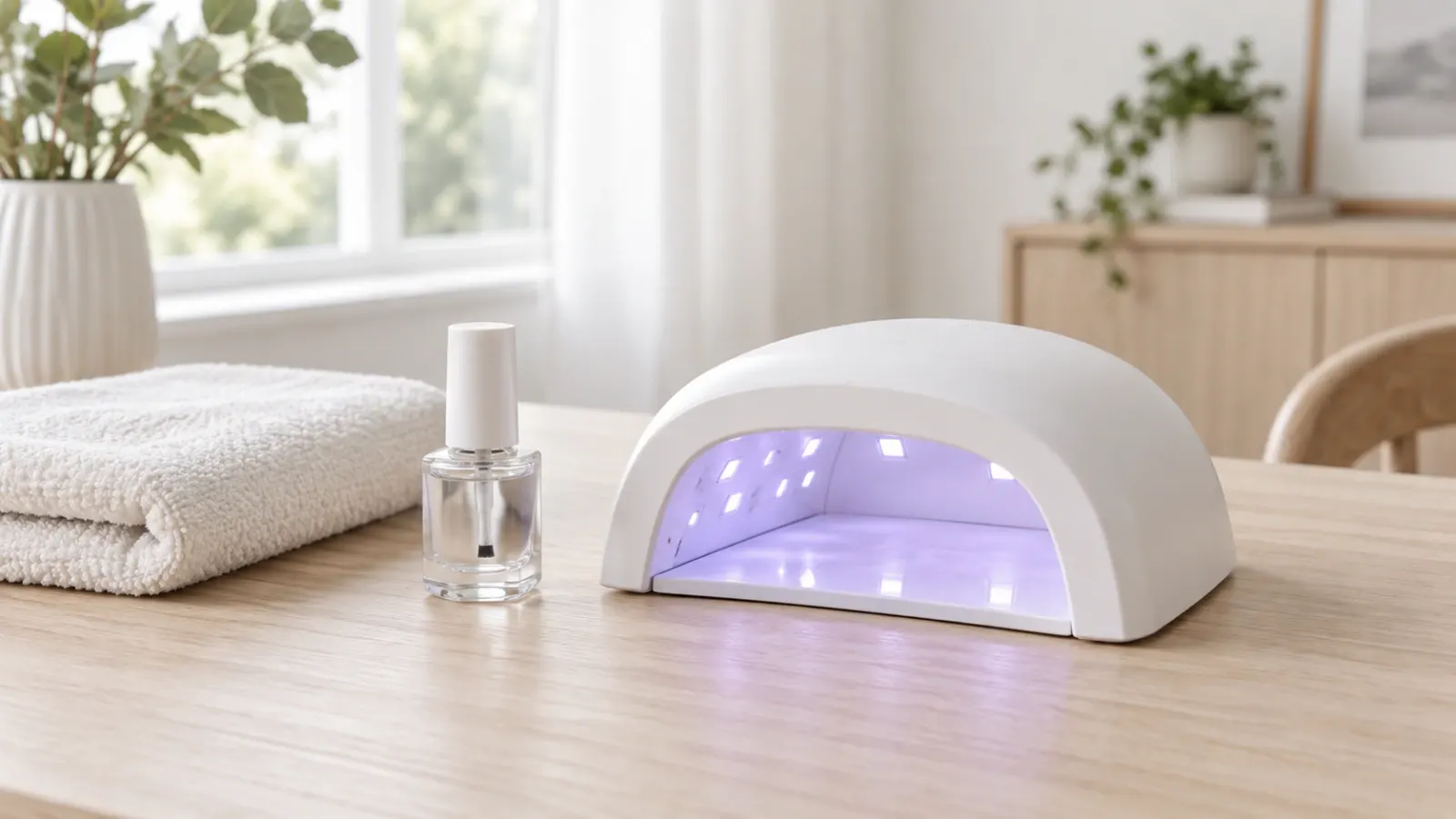 Vit LED-lampa för nagelhärdning med gelflaska bredvid på ett ljust bord