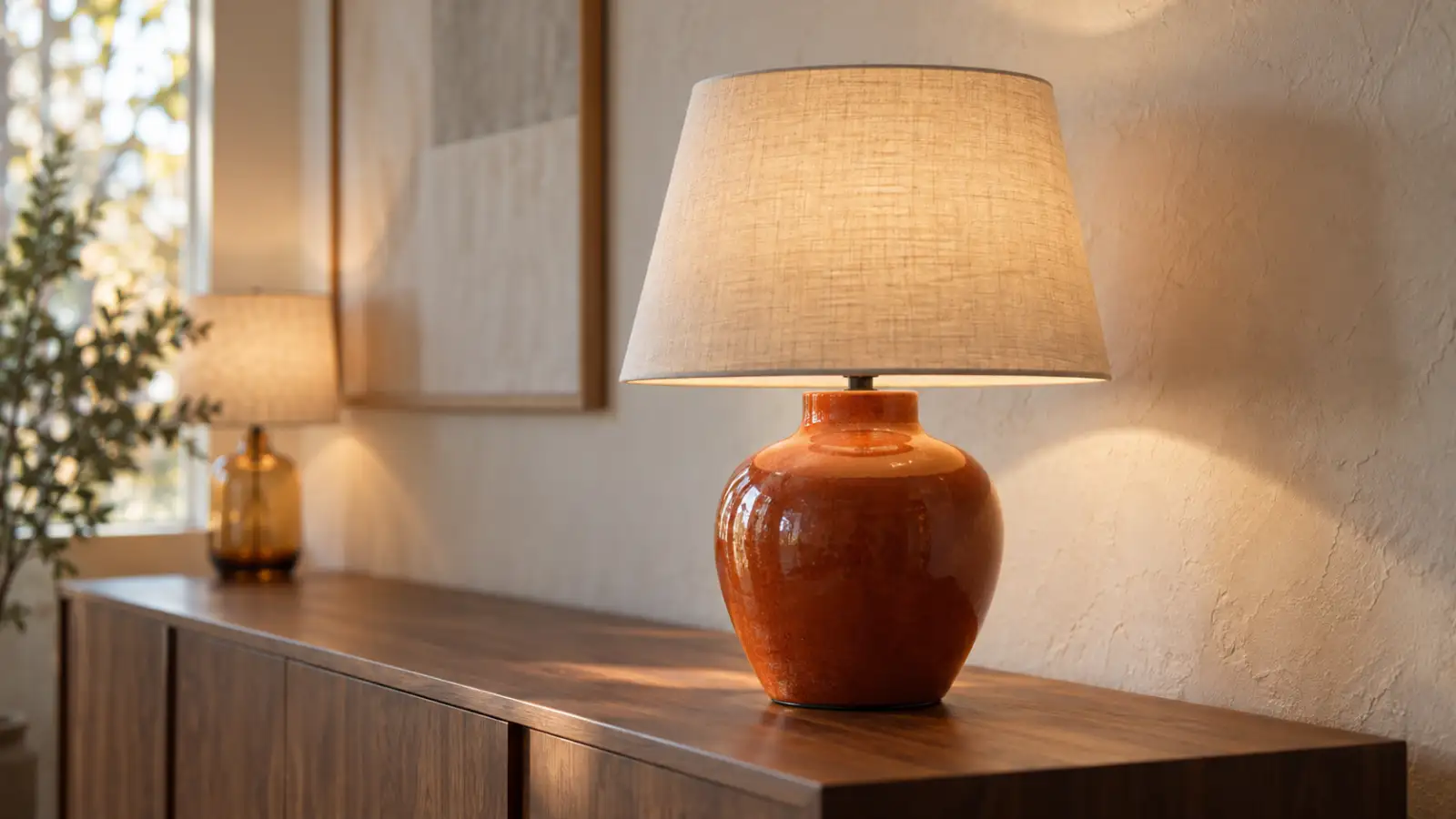 Bordslampa med bränd orange glaserad fot och ljus linneskärm på en valnötsbyrå