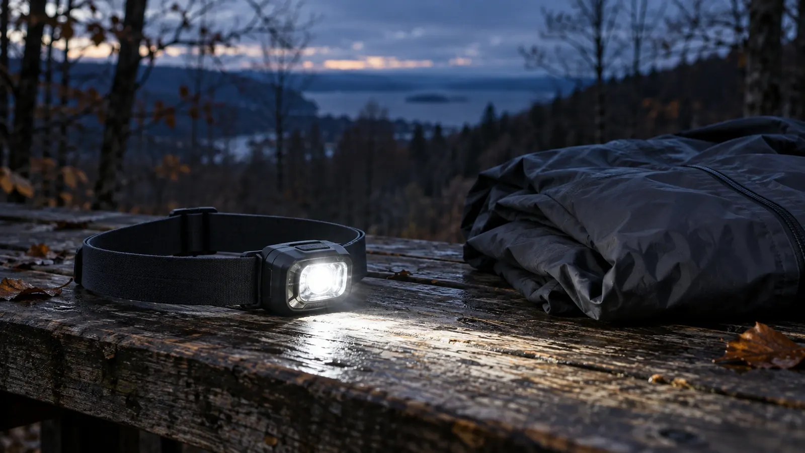LED-pannlampa med rem på en träbänk, tänd i höstmörker