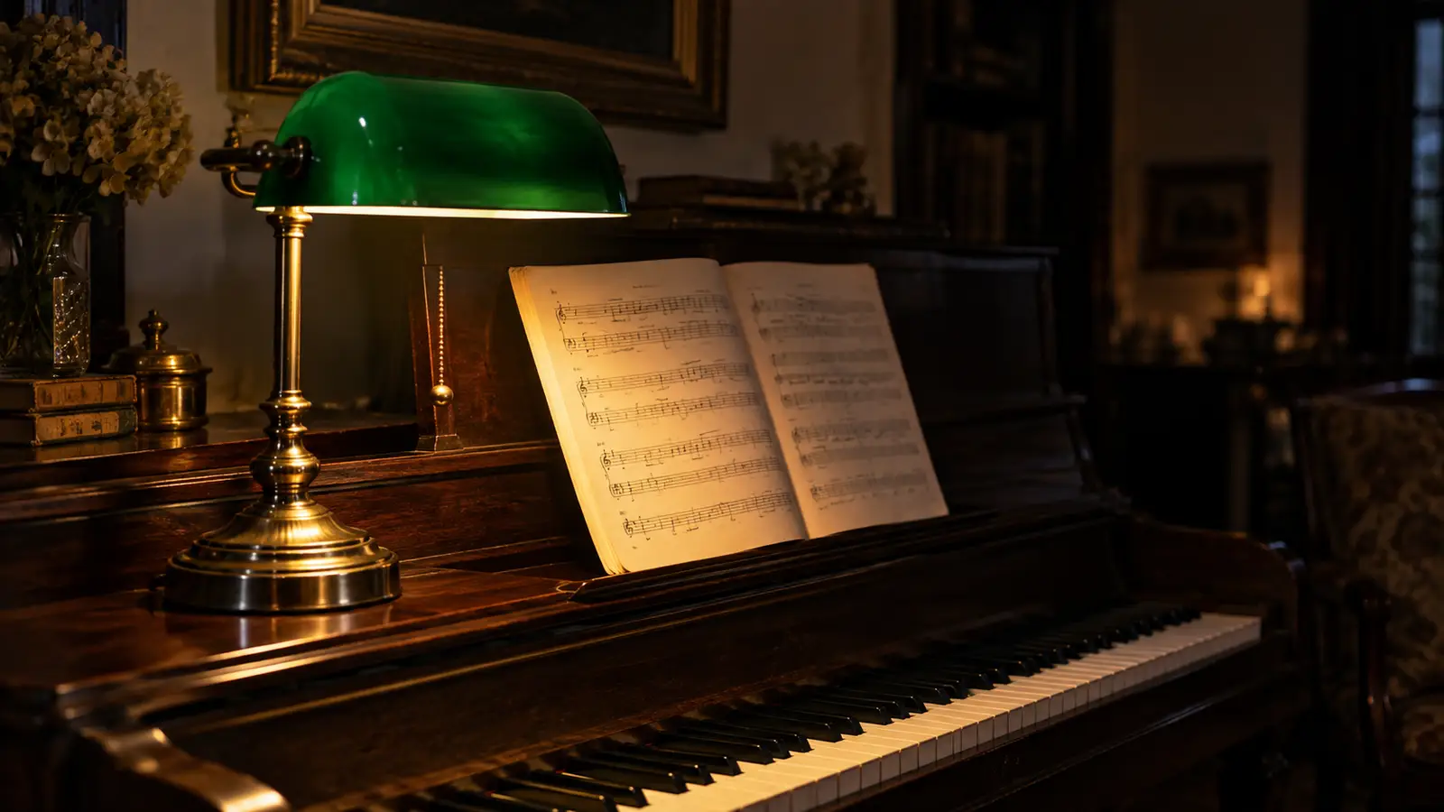 Klassisk pianolampa med grön glaskupa och mässingsfot på ett mörkt piano med uppslagna noter