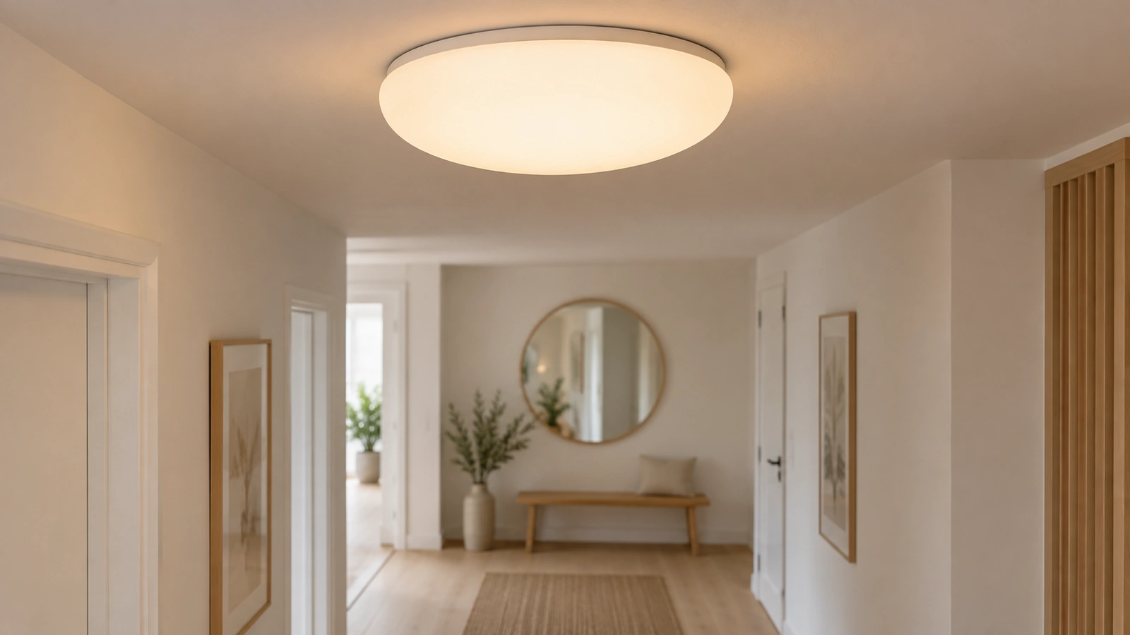 Rund plafond i opalglas monterad tätt mot taket i en hall