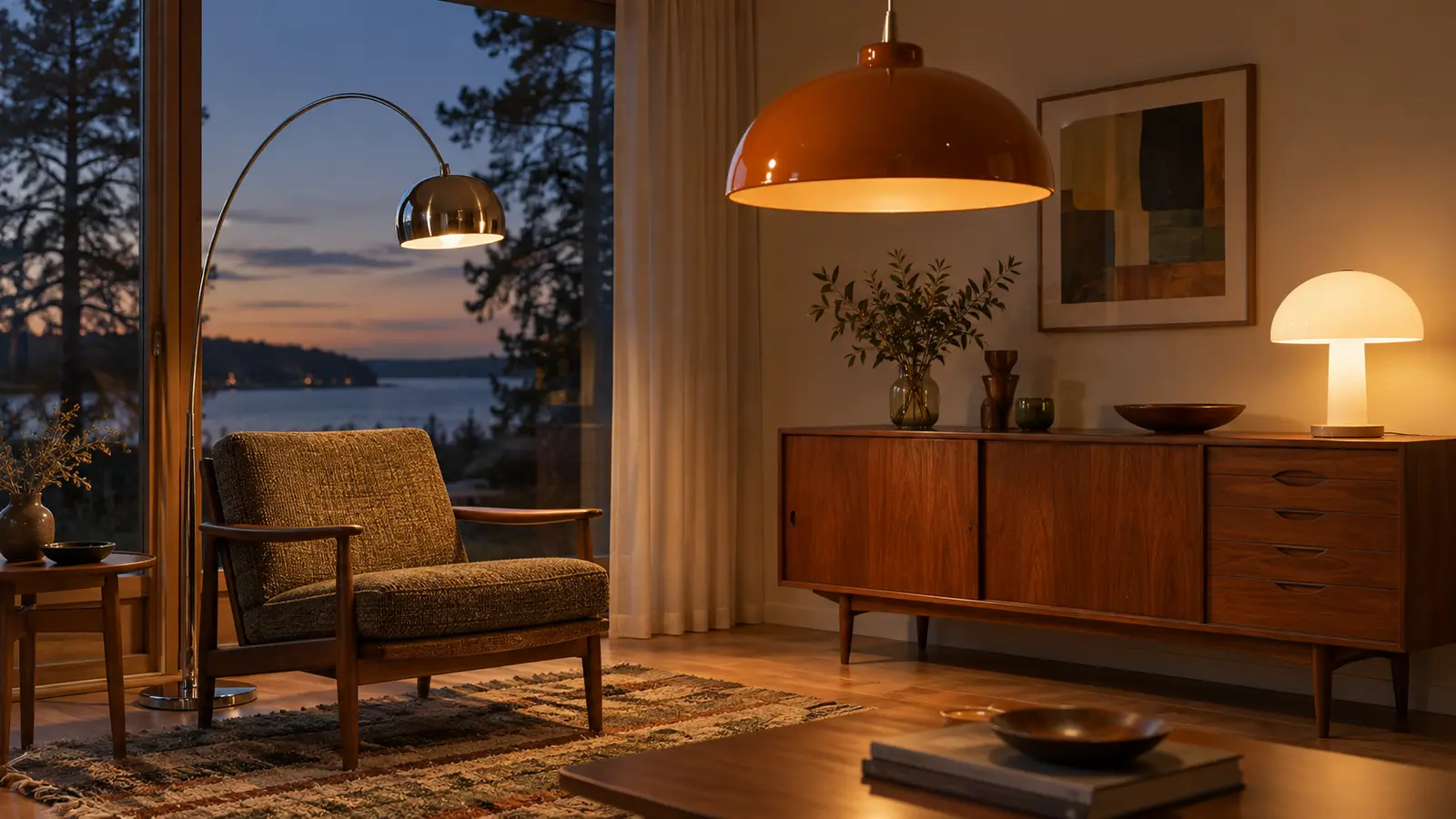 Retroinspirerat vardagsrum med kupolpendel, båglampa och svamplampa i varmt ljus