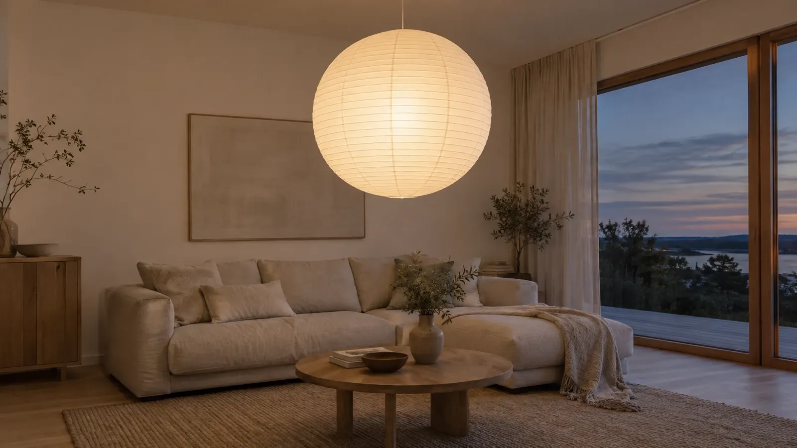 Stor rund rispapperslampa som lyser mjukt i ett skandinaviskt vardagsrum i skymning