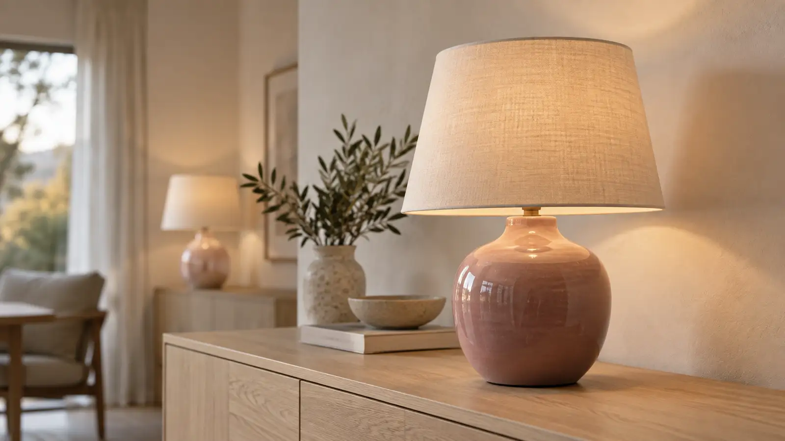 Bordslampa med dammrosa glaserad fot och ljus linneskärm på en ekbyrå i eftermiddagsljus