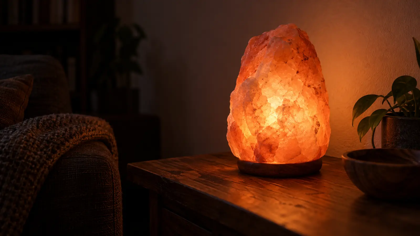 Saltlampa i rosa himalayasalt som lyser varmt på ett träbord i ett dunkelt rum