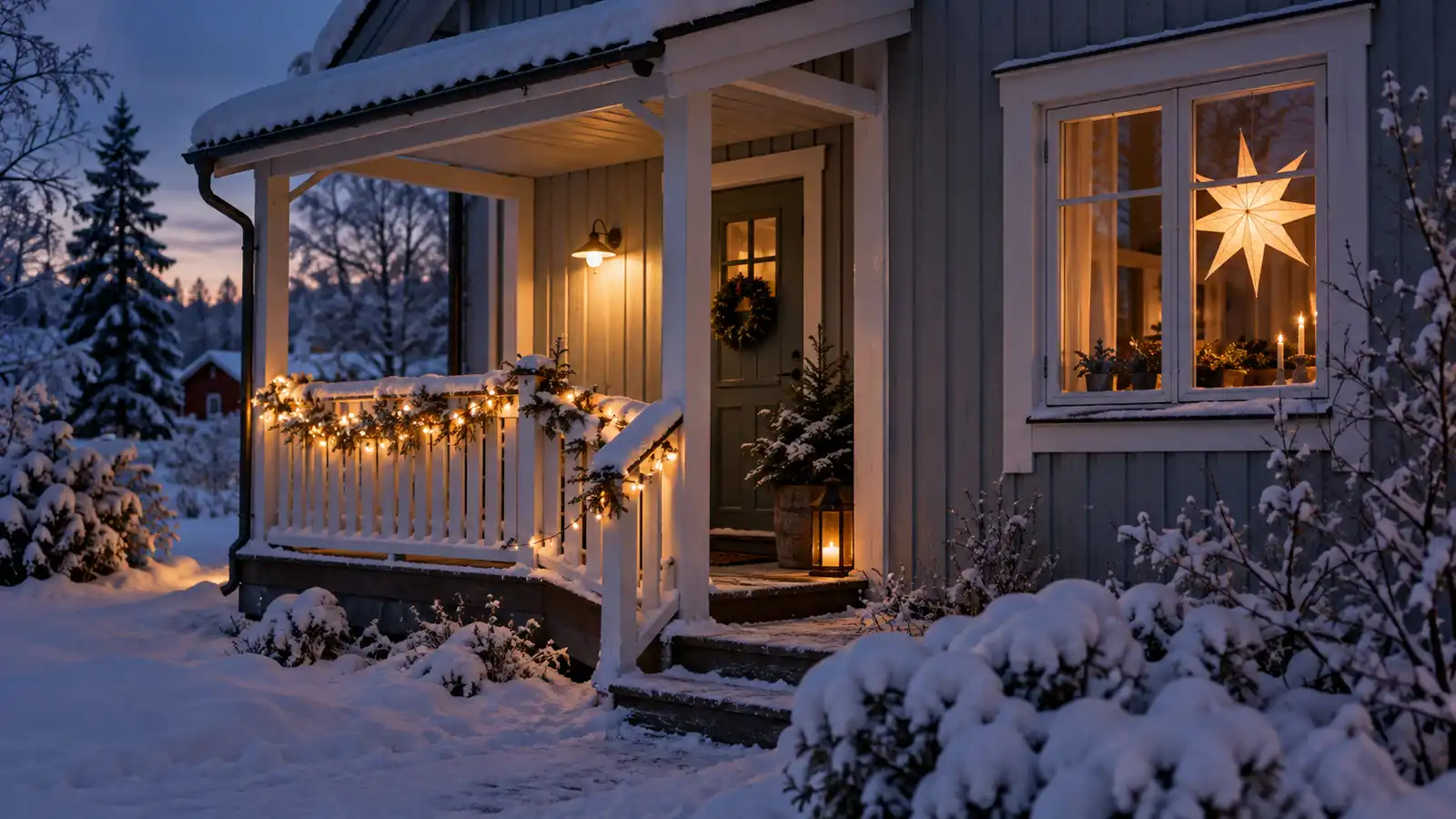 Veranda och fönster i vinterskymning med adventsstjärna och ljusslingor