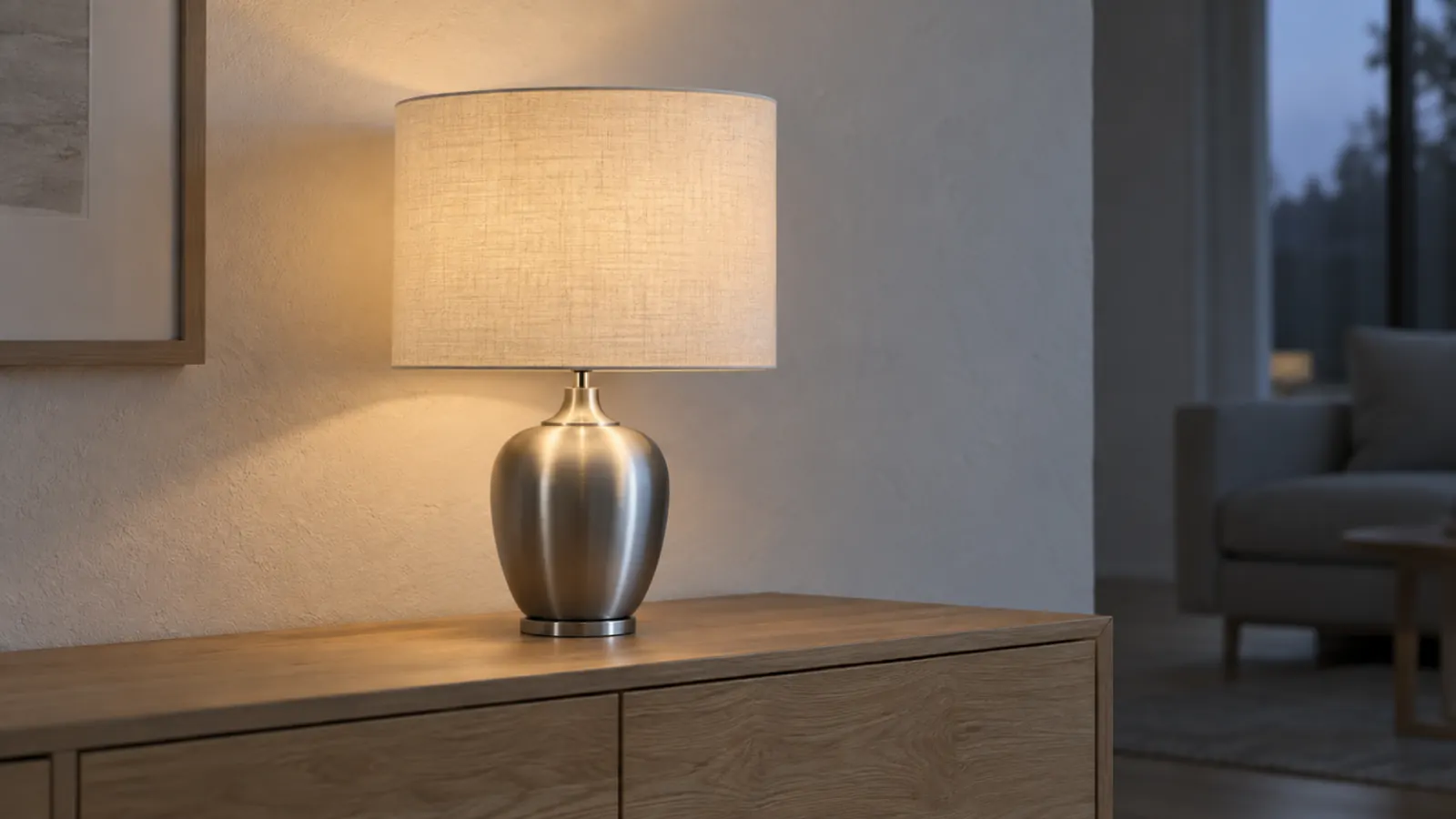 Bordslampa med borstad silverfärgad fot och ljus linneskärm på en ekbyrå i kvällsljus