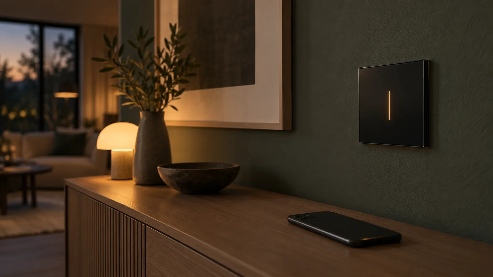 Modern touchpanel för dimning på en mörk vägg med en tunn varm indikatorlinje