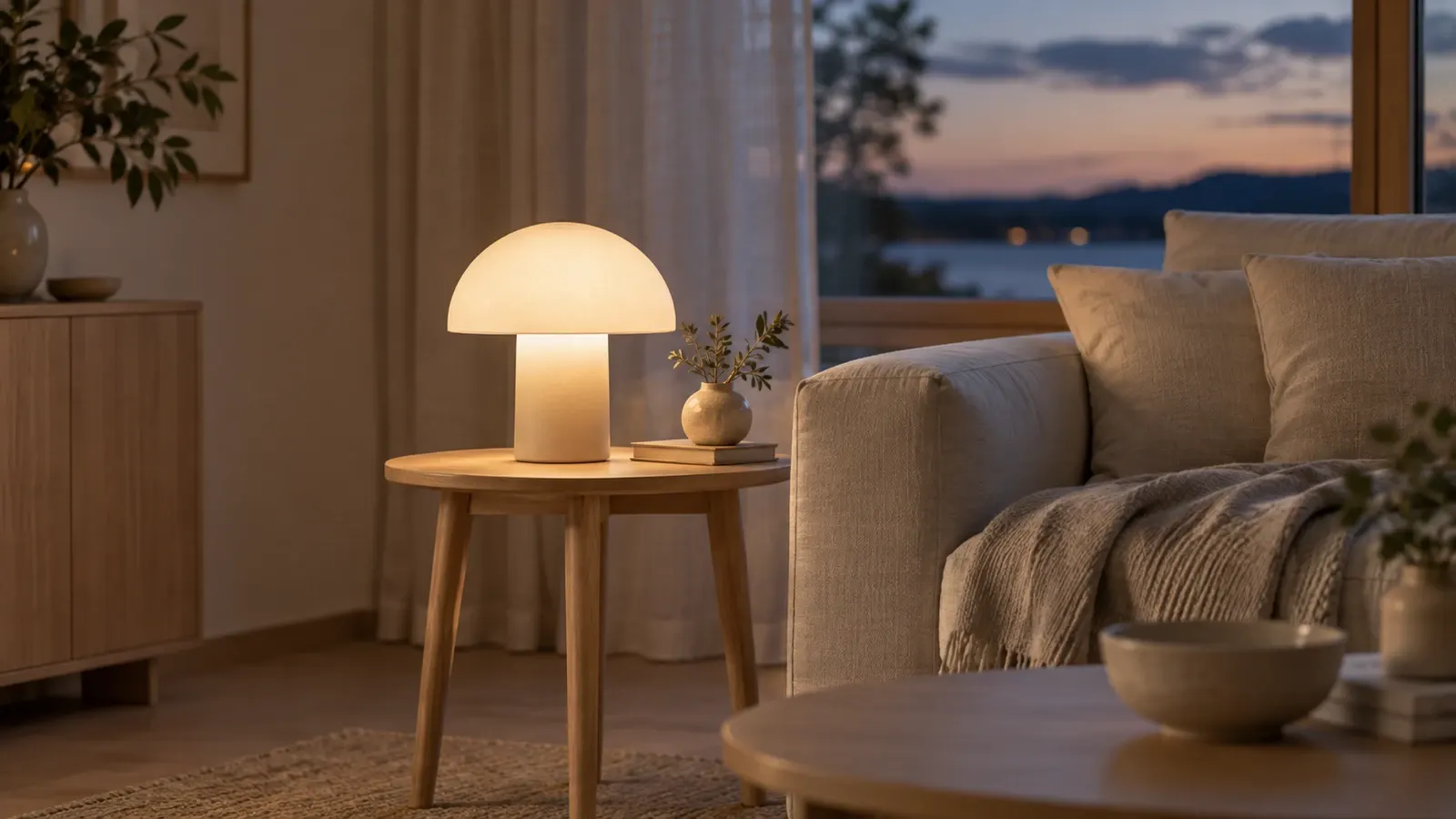 Svampformad bordslampa med rundad kupa som lyser varmt på ett sidobord